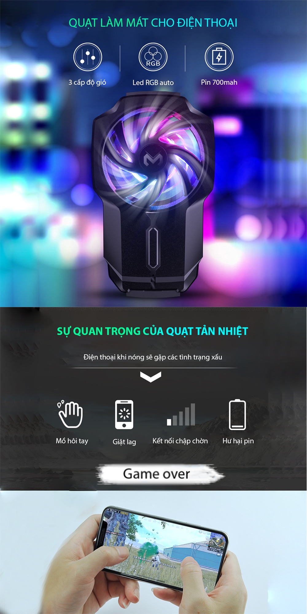Mô tả Quạt tản nhiệt điện thoại MEMO FL05 không dây có pin 700 mAh điều chỉnh độ gió 3 mức chơi game MOBA FPS LIÊN QUÂN PUBG - 2