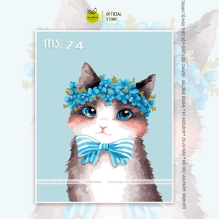 Tranh tô màu số hóa Madoca có khung 40x50cm Mèo nơ xanh T74