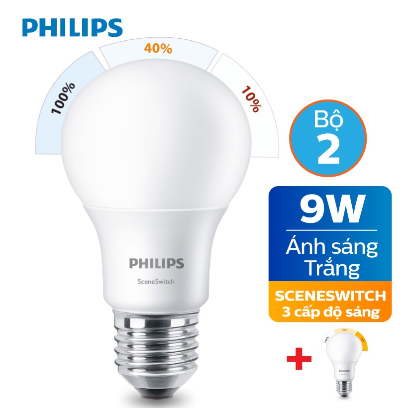 [Mã BMLTA35 giảm đến 35K đơn 99K] Bộ 2 Bóng đèn LED Philips Scene Switch 9W 3 cấp độ 6500K E27 A60 - Ánh sáng trắng