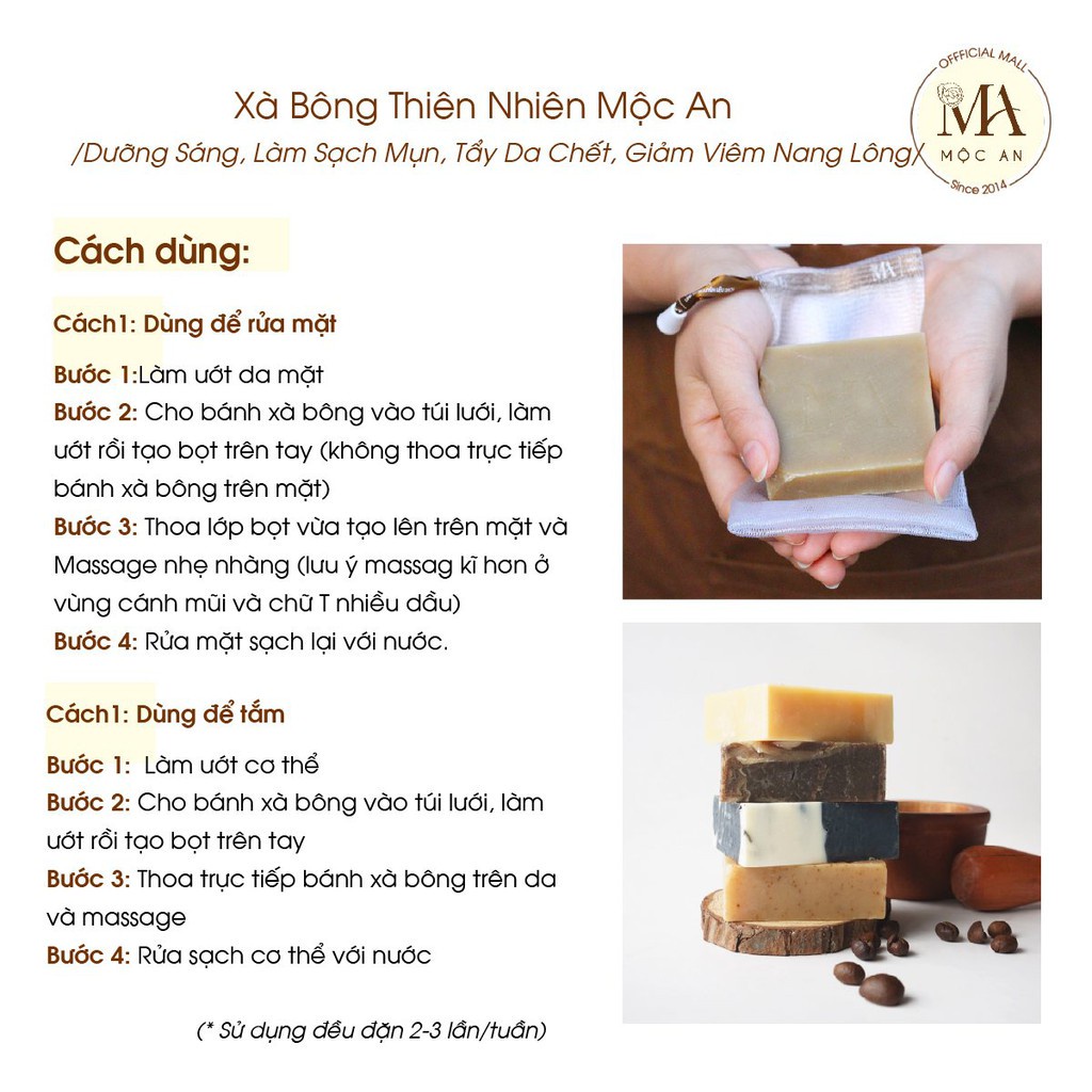 Mô tả Xà Bông Thiên Nhiên Mộc An Cafe Chăm Sóc Face & Body- Sáng Da  Mịn, Loại TBC, Giảm Mụn Đầu Đen 100g - 6