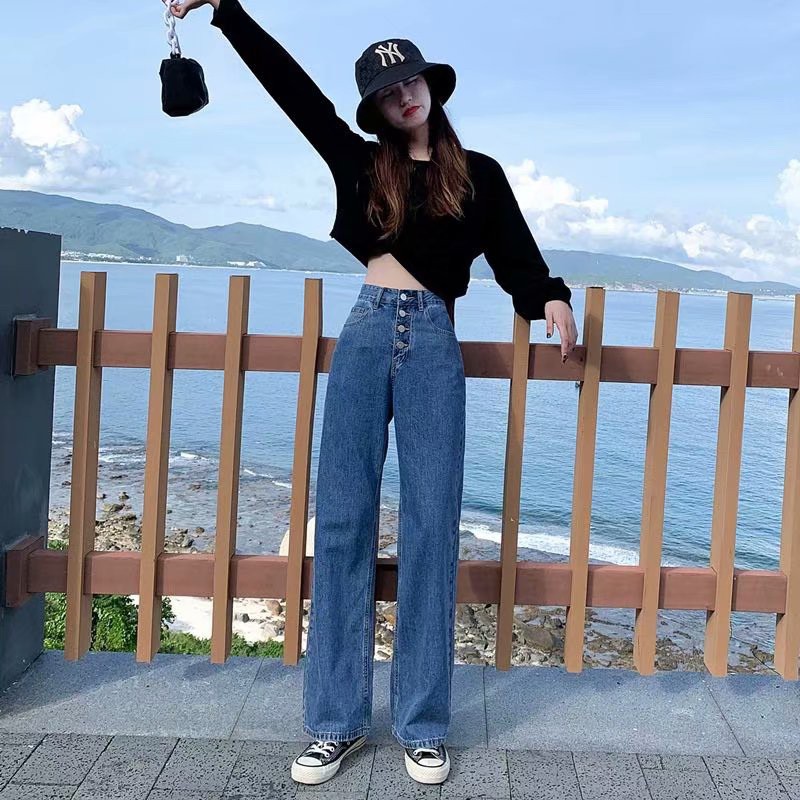 Ảnh Quần Jeans Dài Lưng Cao Ống Rộng Thời Trang Hàn Cho Nữ 1