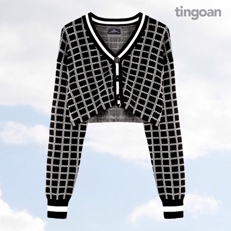 TINGOAN® - Áo khoác cardigan crop caro đen  MISS BLING TOP/BL