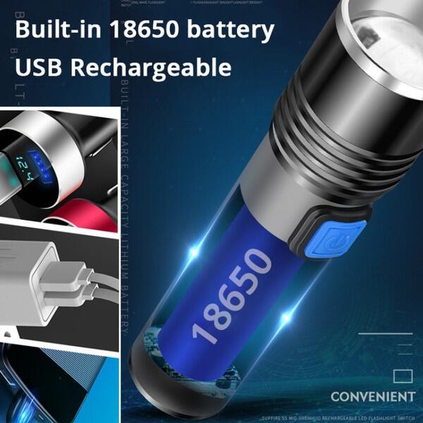 Đèn pin UV sạc lại được 18650, dùng cho máy dò tiền và cắm trại, phù hợp cho làm nail và chống hàng giả