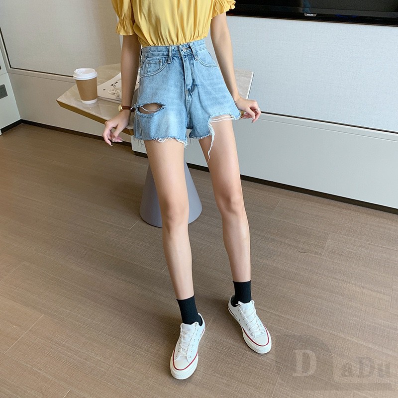 Ảnh Quần Short Jeans Denim Lưng Cao Phối Rách Cá Tính 3