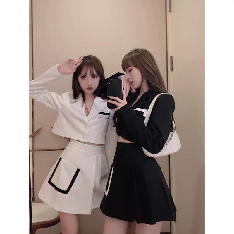 SET ÁO TAY DÀI KÈM CHÂN VÁY 2 MÀU TRẮNG ĐEN XINH XẮN - AMIE SET