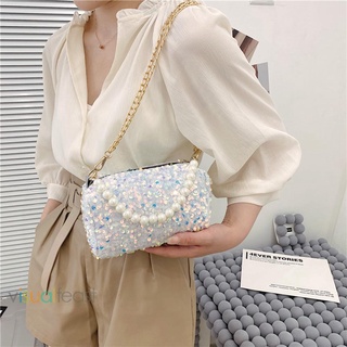 ❤Túi Xách Đeo Vai Hình Trụ Đính Kim Sa Ngọc Trai Phối Dây Xích Thời Trang Cho Nữ