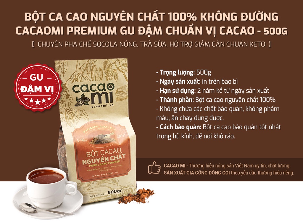 Mô tả Bột cacao nguyên chất không đường CACAOMI Premium gu đậm ca cao socola chuẩn xuất khẩu 80g/250g/500g - 1