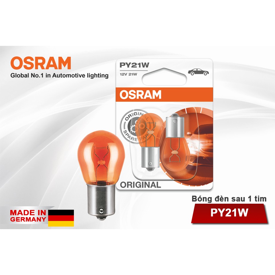 Combo 2 Bóng Đèn Sau 1 Tim Halogen OSRAM Original Dùng Cho Xe Ô Tô Chân PY21W 12V 21W 7507-02B (BAU15S) (Chân Xéo) Vàng