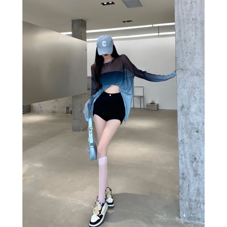 Milyfashion Gradient Ice Silk Kem Chống Nắng Mùa Hè Pure Desire Hot Girl Gợi Cảm Dây Mỏng Xuyên Qua Tay Dài T