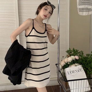 Đầm dệt kim ZHELIHANGFEI 2 dây kẻ sọc thời trang quyến rũ cho nữ