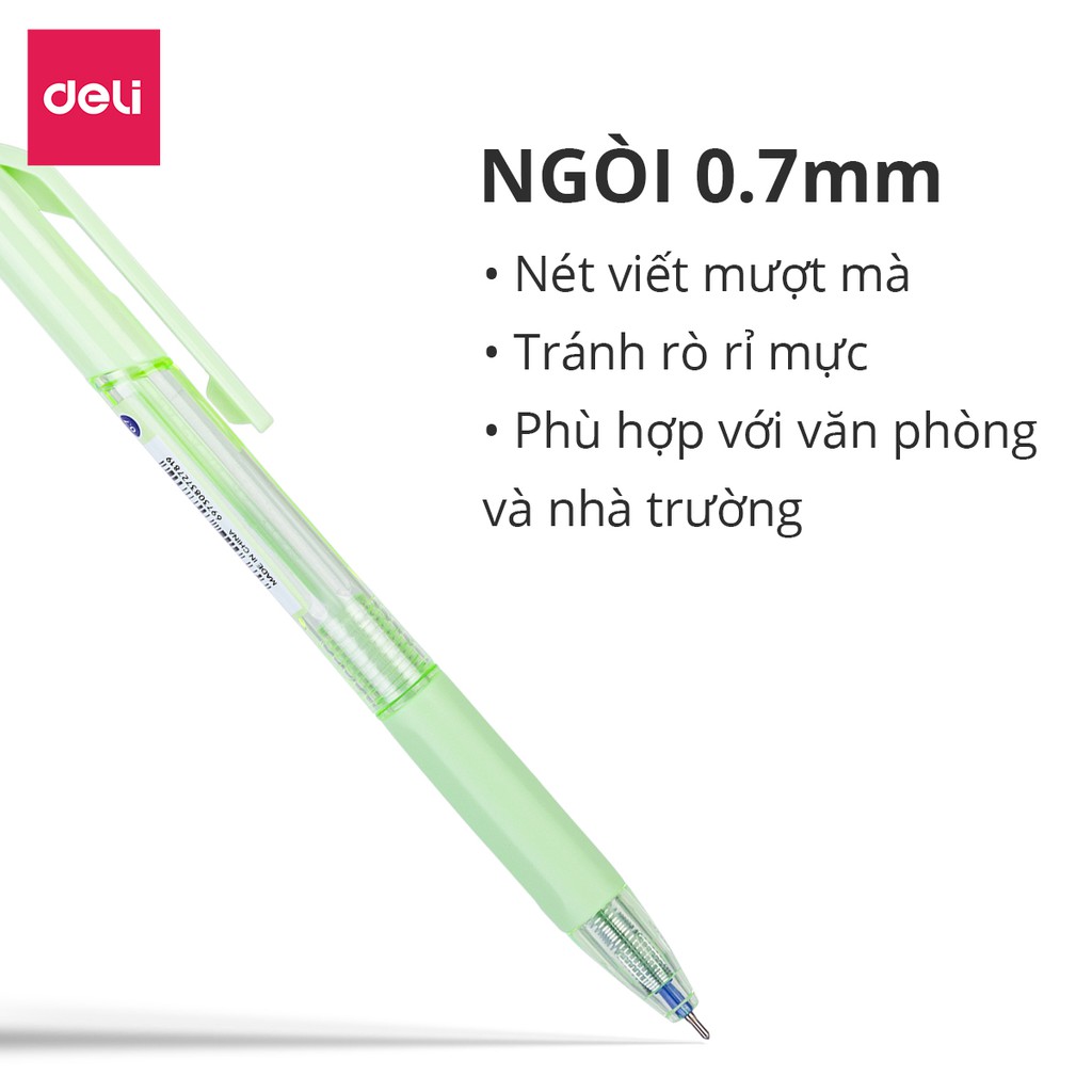 Combo 5 Bút Bi Bấm Pastel Mực Xanh Có Đệm Tay Ngòi 0.7mm Deli Giá Rẻ Viết Nét Đều Trơn Tru Cho Học Sinh Văn Phòng