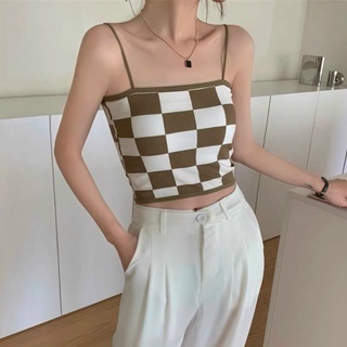 Áo len nữ hai dây kẻ ô, mongtoghi style hàn quốc cực teen