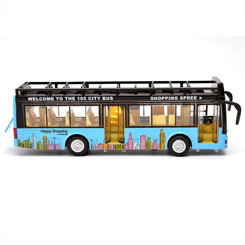 Đồ chơi mô hình xe bus 2 tầng mui trần KAVY có nhạc và đèn chạy cót bằng kim loại bền bỉ, xe thăm quan du lịch thành phố