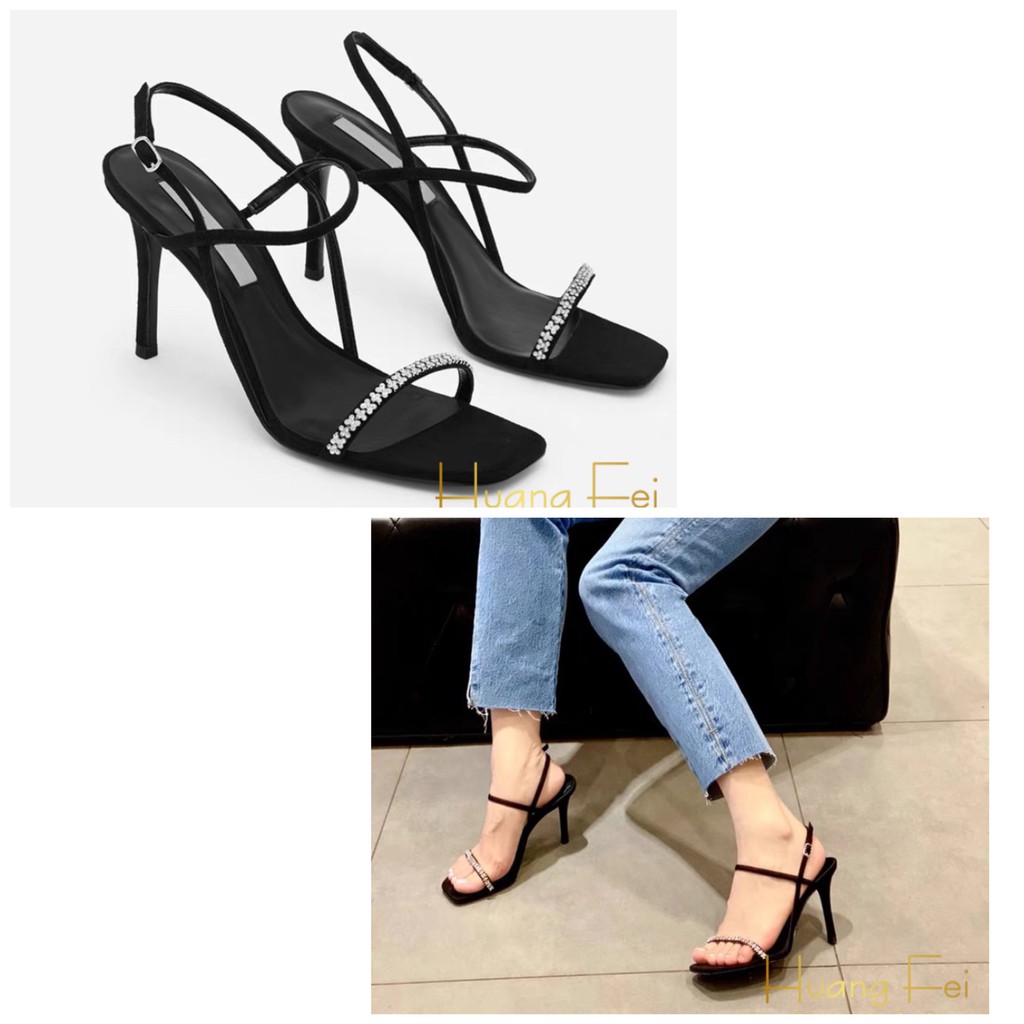 Giày Sandal Cao Gót Quai Mảnh HF22 Đính Hạt Gót Cao 8 cm
