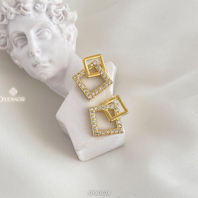 Bông tai nữ chuôi bạc 925 Eleanor Accessories hình vuông đính đá phụ kiện trang sức khuyên tai 3024