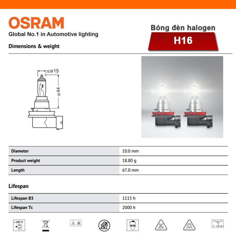 Bóng Đèn Pha/Cos Halogen OSRAM Original Dùng Cho Xe Ô Tô Xe Hơi Chân H16 12V 19W 64219L - 3200K 500LM