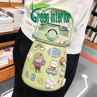 Bình nước giữ nhiệt Greeninterior 880ml, bình đựng nước cute có ống hút, inox 304 cao cấp kèm hình dán 3D Màu Hồng