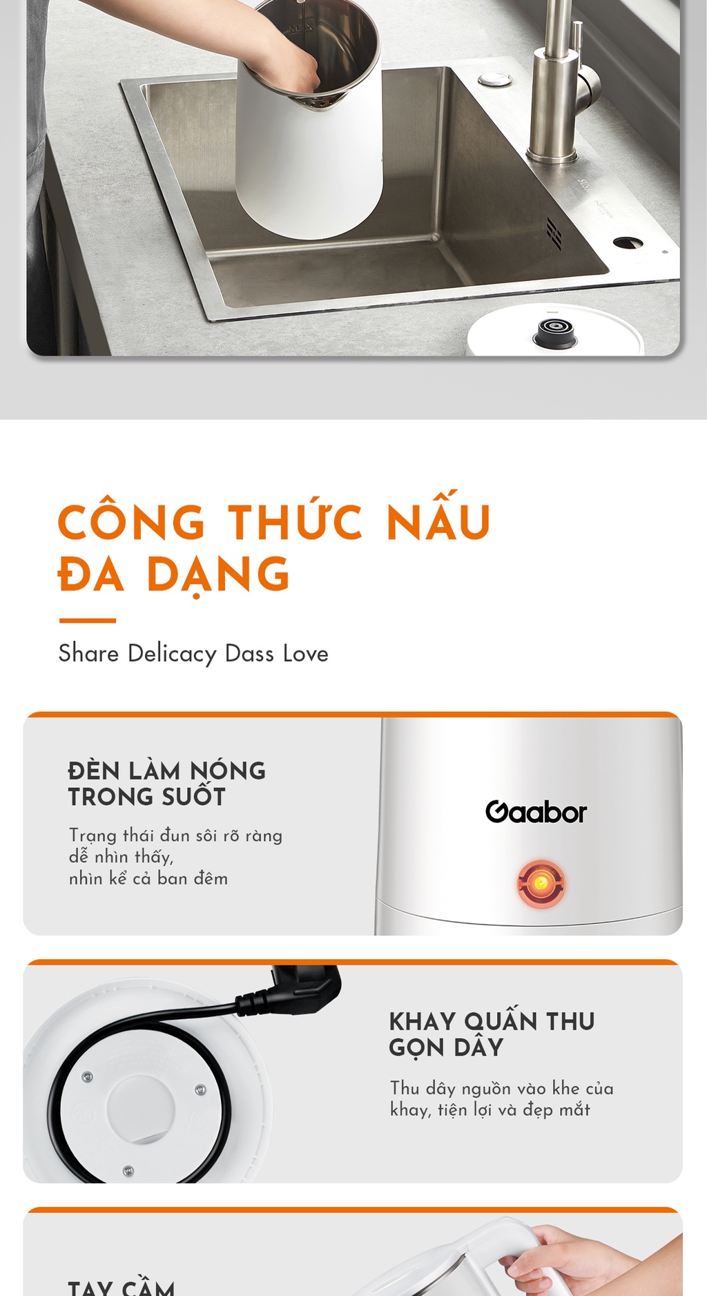 Mô tả Bình đun siêu tốc Gaabor EK20M-WH02A dung tích lớn 2L công suất 1500W chất liệu inox sôi nhanh dễ vệ sinh - 4