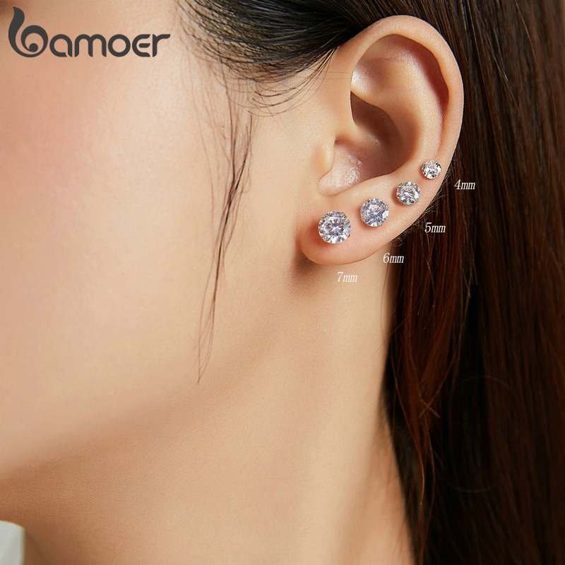 Ảnh Đôi bông tai tròn BAMOER bạc 925 đính đá zircon 4mm 5mm 6mm 7mm thời trang cho nữ 4