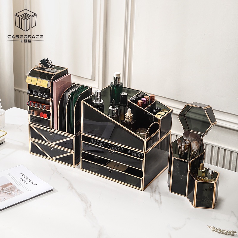 Hộp Đựng Đồ Trang Điểm Đa Năng Bằng Kính Màu Đen Ốp