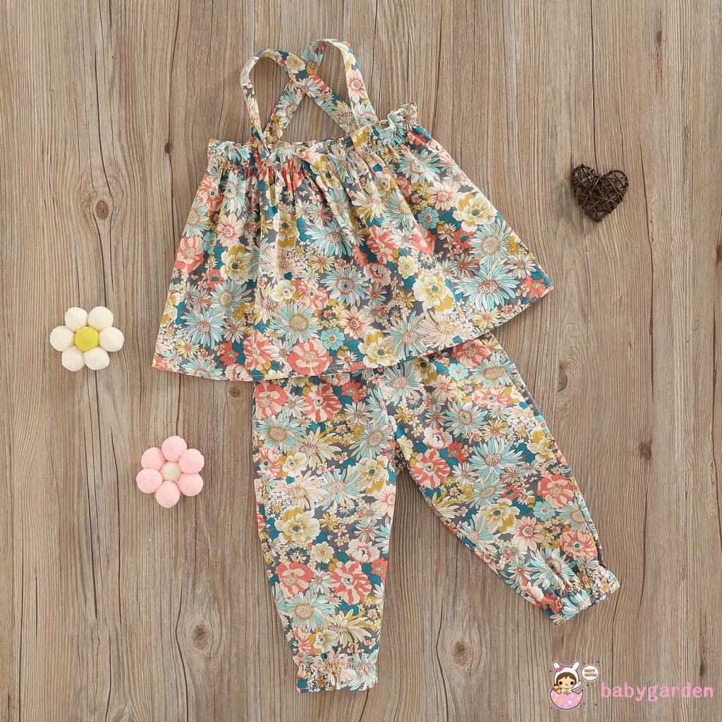 Bộ Áo Hai Dây Hở Lưng + Quần Dài Lưng Thun In Hoa Thời Trang Mùa Hè Cho Bé Gái 1-6 Tuổi