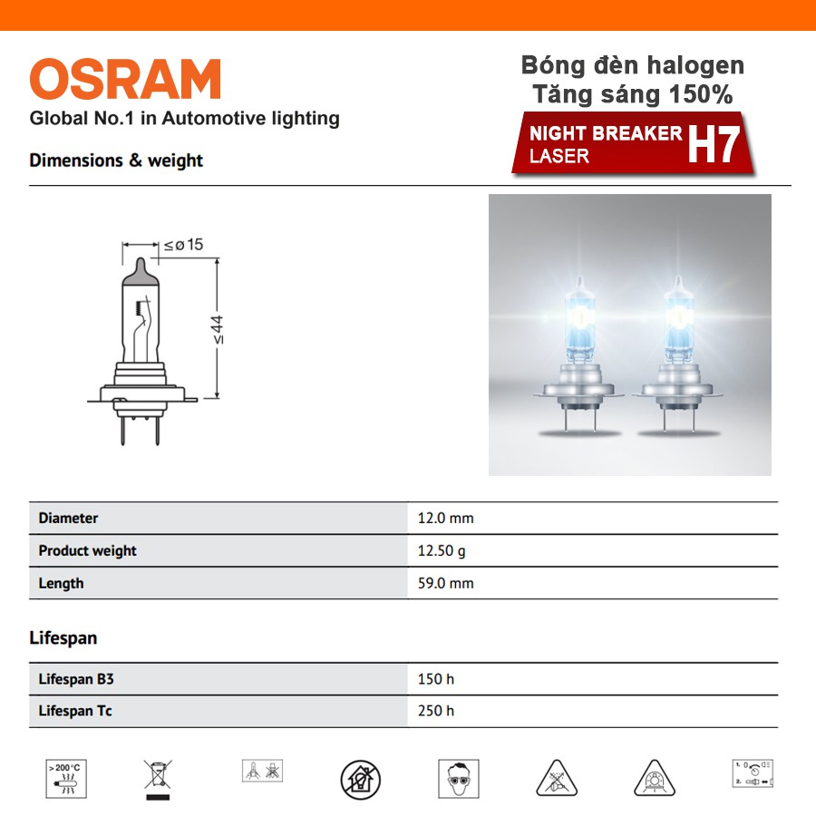 Combo 2 Bóng Đèn Halogen Tăng Sáng 150% OSRAM Night Breaker Laser H7 12V 55W