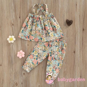 Bộ Áo Hai Dây Hở Lưng + Quần Dài Lưng Thun In Hoa Thời Trang Mùa Hè Cho Bé Gái 1-6 Tuổi