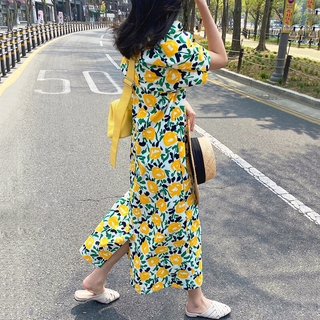 Đầm Dài Dáng Rộng Tay Phồng Ngắn In Hoa Thời Trang Hàn Quốc Cho Nữ