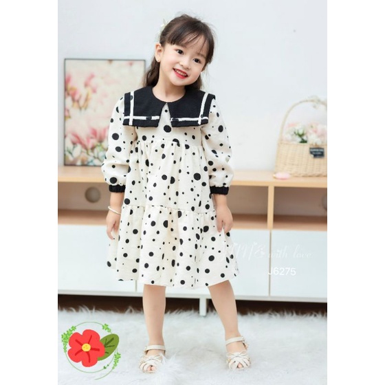 Váy Bé Gái Dài Tay 1-10 Tuổi 10-40kg, Váy Mùa Thu Đông Thủy Thủ, Tay Bo, Chấm Bi, Nhung Text June With Love