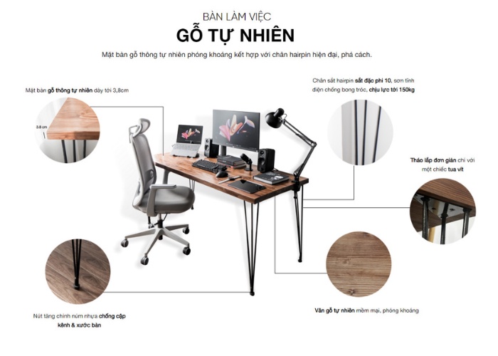 Mô tả Bàn làm việc văn phòng FEGO bằng gỗ tự nhiên nâu sẫm rustic kết hợp chân hairpin hiện đại - 2