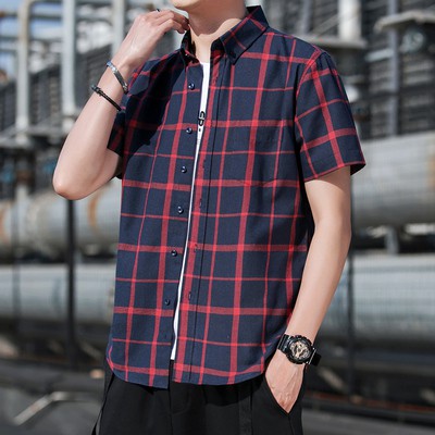 Mới Tay Ngắn Hoa Áo Sơ Mi Hàn Quốc Cotton Kẻ Sọc Ca Rô Nam Plus Kích Thước Áo Kurta