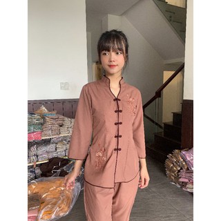 thời trang đi chùa nữ, cổ tàu thêu sen