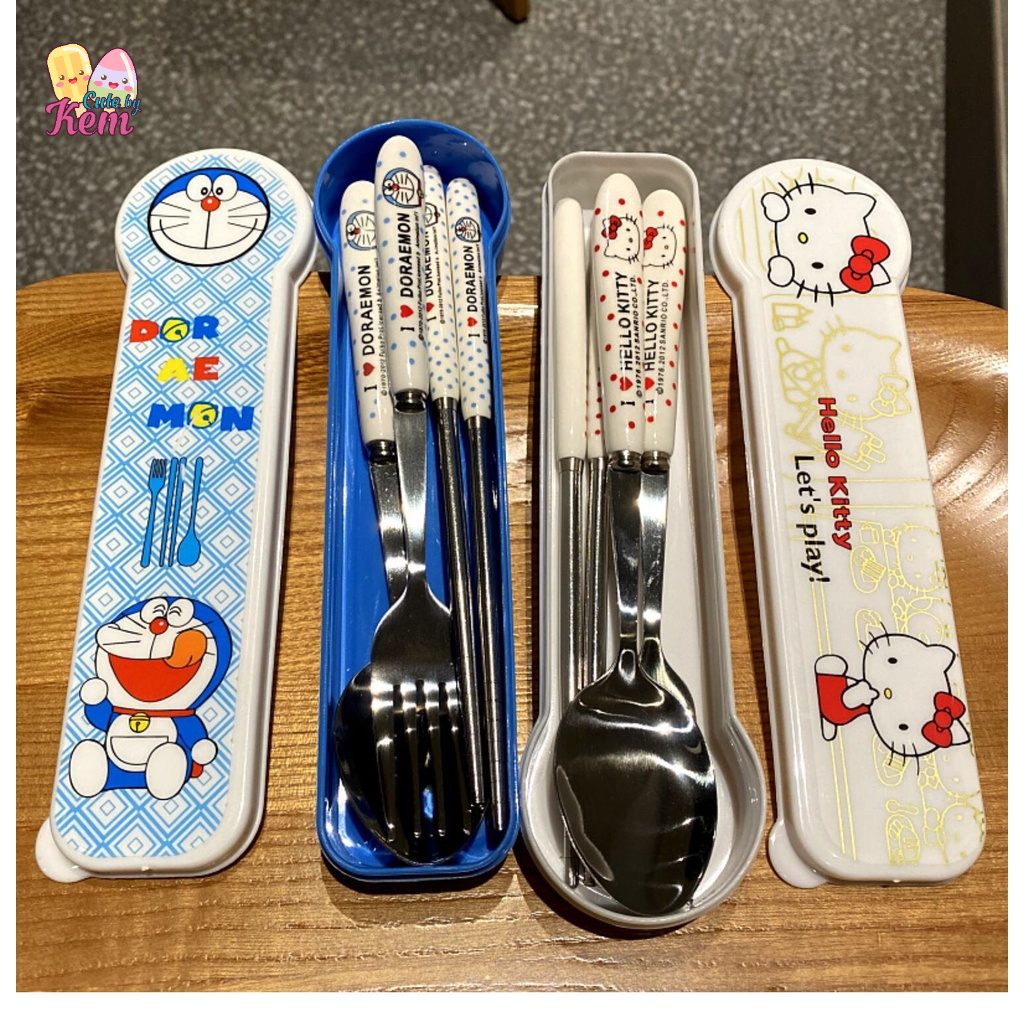 Bộ Đũa Thìa Dĩa Inox Cán nhựa Cách Nhiệt Hello Kitty Doraemon Có Hộp ...