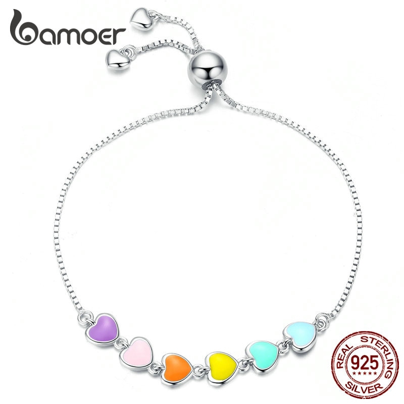Vòng tay Bamoer SCB158 bằng bạc sterling 925 gắn trái tim lên men màu cầu vồng