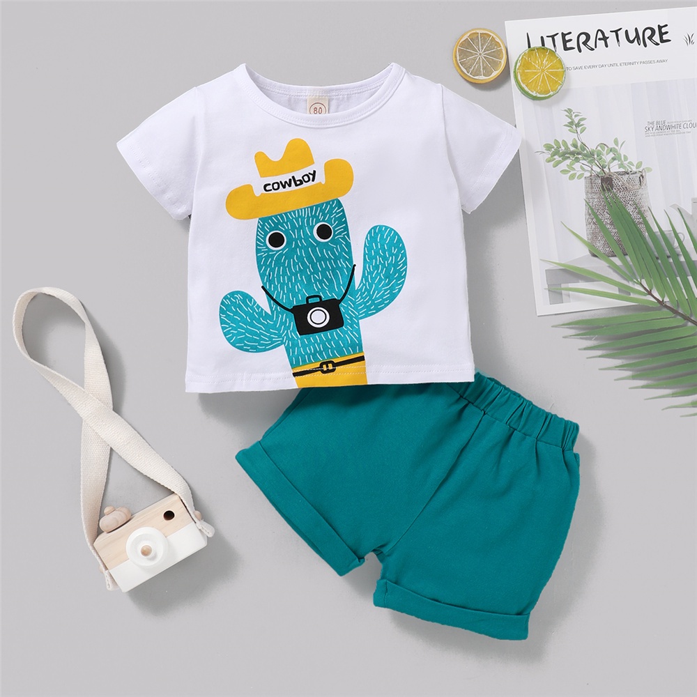 Bộ đồ em bé MIKRDOO với áo thun tay ngắn in hình xương rồng và quần short mùa hè