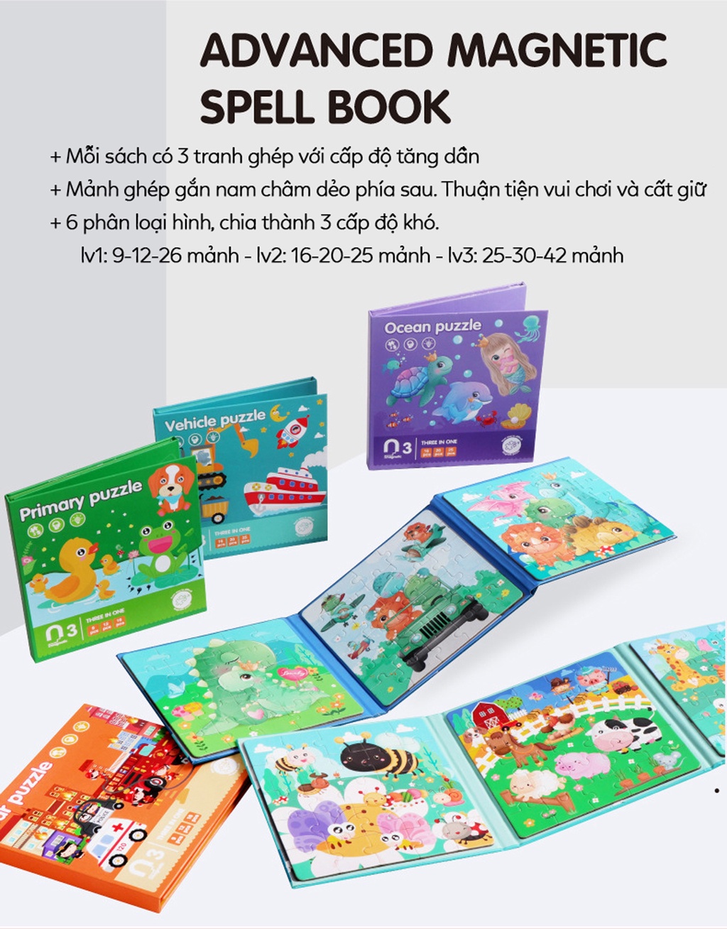 Mô tả Đồ chơi xếp hình S-kids, Bộ sách puzzle thông minh 3 hình cho bé với mảnh ghép nam châm. - 2