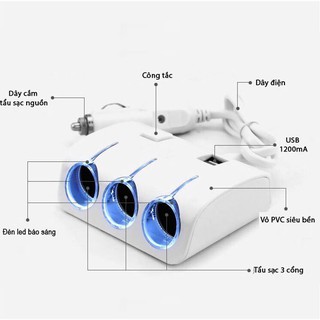 Bộ Chia Tẩu Sạc Oto - Chia 3 Cổng Tẩu, Kèm 2 Cổng USB
