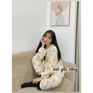 Bộ đồ ngủ nữ Pijama dài tay, cộc tay chất đũi xốp mềm mặc nhà họa tiết phong cách hàn quốc dễ mặc