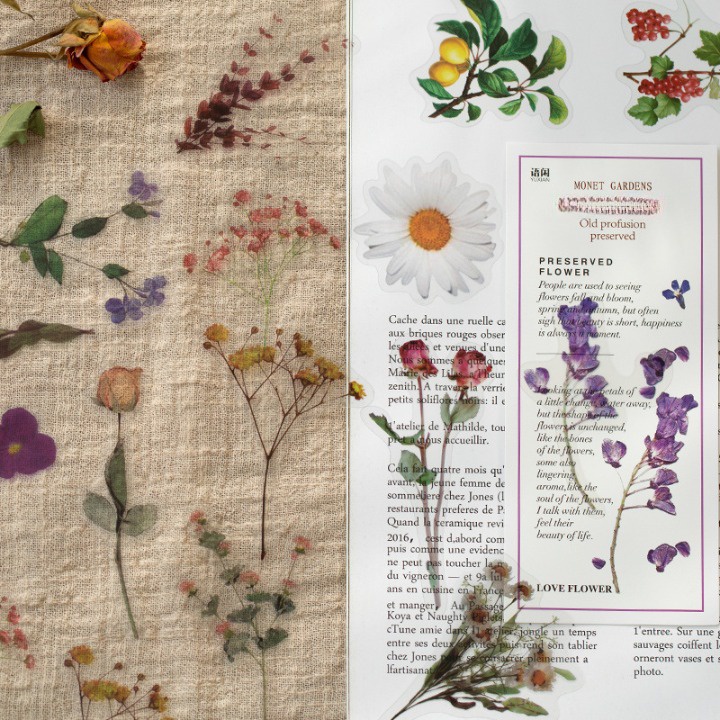 Sticker vintage trang trí hình hoa lá retro trong suốt chống nước HD165-K63 DIY sổ tay bullet journal scrapbook album