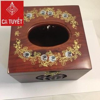 (RẺ NHẤT) Hộp đựng giấy ăn Vuông ELAI GỖ HƯƠNG khảm hoa văn CAO CẤP
