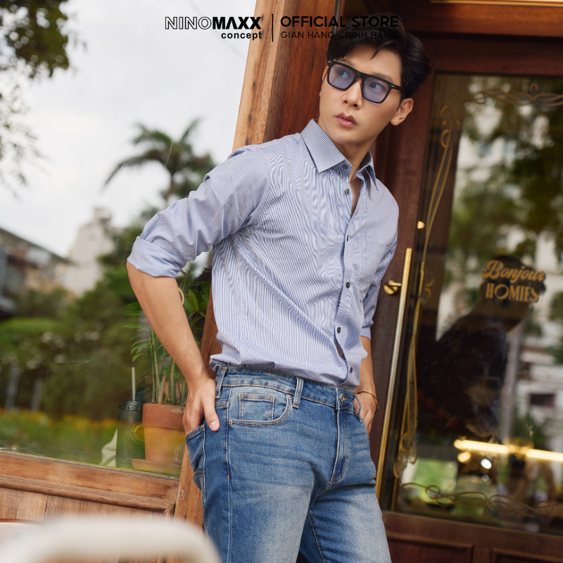Áo Sơ Mi Nam Dài Tay NINOMAXX Xanh Kẻ Sọc Chất Cotton Có Túi Trước Form Slimft Tôn Dáng 2101087