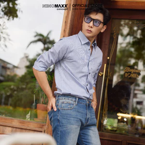 Áo Sơ Mi Nam Dài Tay NINOMAXX Xanh Kẻ Sọc Chất Cotton Có Túi Trước Form Slimft Tôn Dáng 2101087
