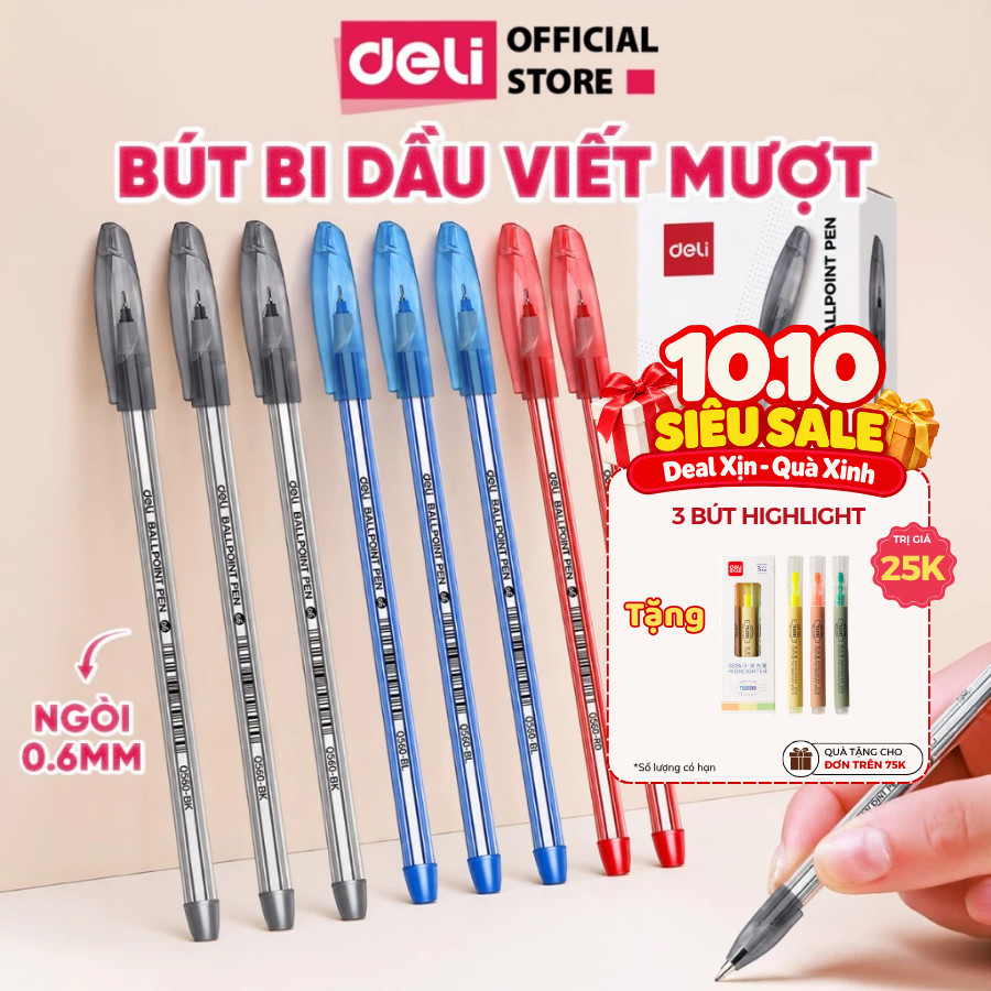 Combo 5/10/20 Bút Bi Dầu Deli Ngòi 0.6mm Bút Bi Nến Q560 EQ560 Mực Xanh Đen Đỏ Đậm Nét Viết Mượt