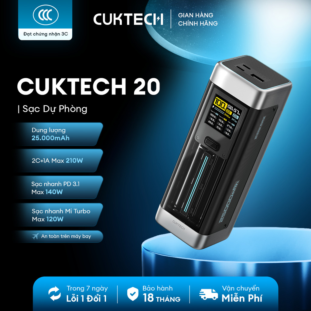 CUKTECH 20 Sạc Di Động 2C1A | Công Suất 210W Max | Dung Lượng 25.000mAh | Bảo Hành 18 Tháng P23 | BigBuy360 - bigbuy360.vn