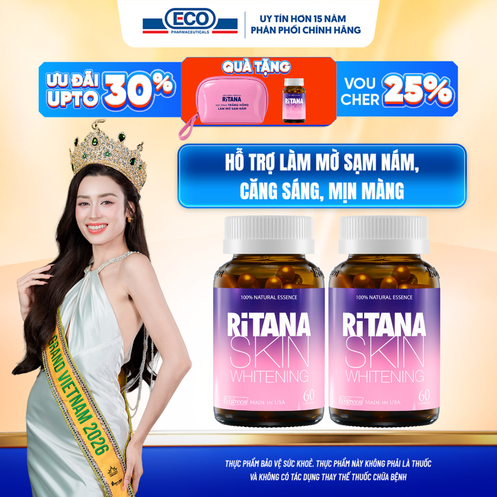 [Tặng Hộp 15v] Combo 2 Chai 60v – Viên Uống Trắng Da Ritana Ecogreen Glutathione, Mờ Nám, Chống Nắng