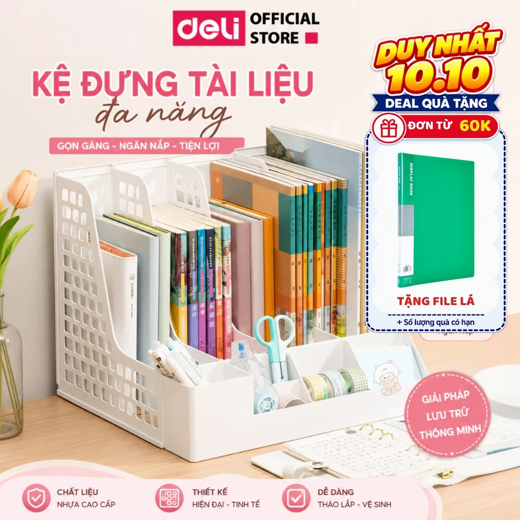 [DELI VPP] Giá Kệ Đựng Tài Liệu Văn Phòng Deli 3/4 Ngăn Kèm Khay Đựng Bút Đựng Sách Vở Để Bàn