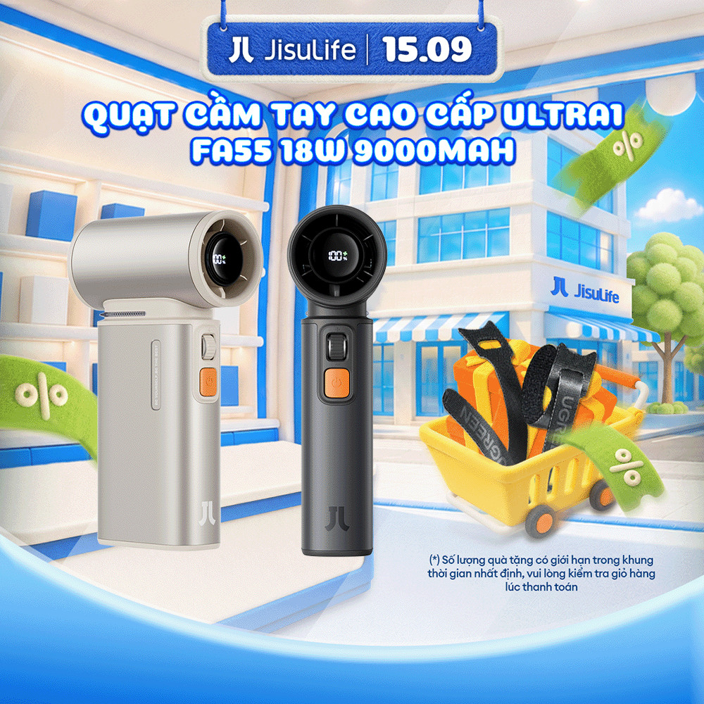 Quạt Cầm Tay Cao Cấp JISULIFE Ultra1 FA55 18W 9000mAh Sạc Nhanh - Đèn LED Hiển Thị - Sử Dụng 1H-6H | Bảo Hành Chính Hãng