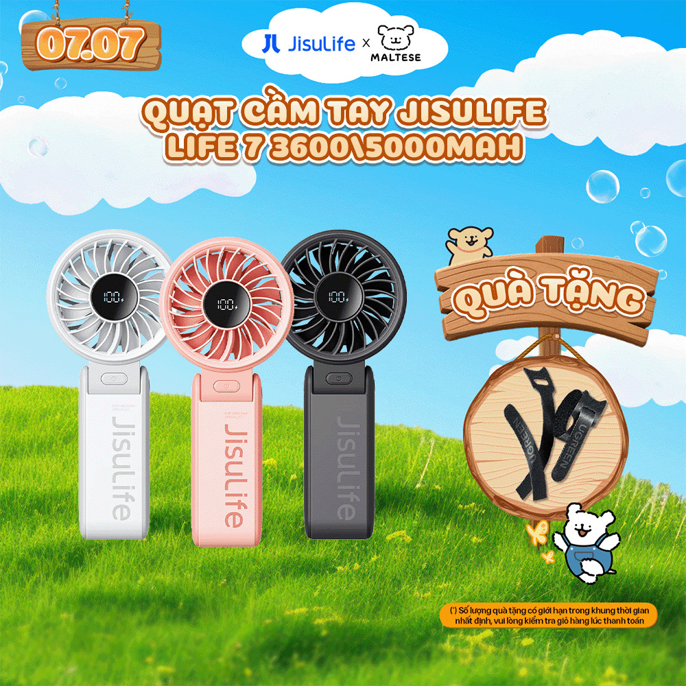 Quạt cầm tay tích điện mini Jisulife Life 7 5 cấp độ gió 3600/5000mAh - Sử dụng lên đến 12h - Chính hãng - BH 12 tháng