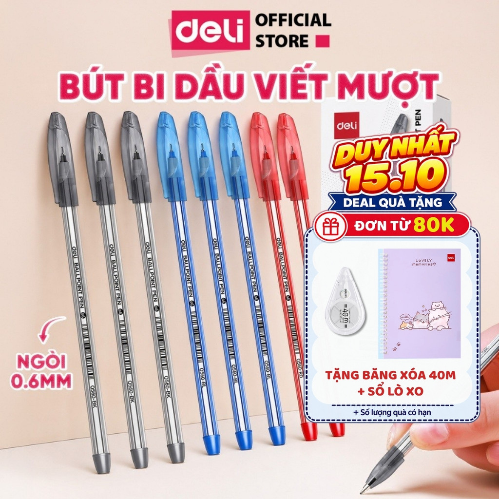 [🔥25/9 TẶNG 3 QUÀ] Combo 5/10/20 Bút Bi Dầu Deli Bút Bi Nến Ngòi 0.6mm EQ560 Viết Êm Tay Cho Học Sinh Văn Phòng