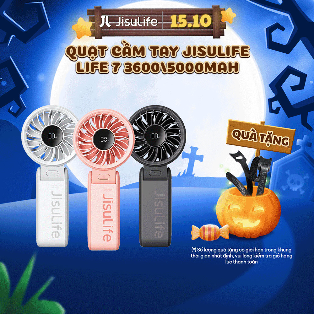 Quạt cầm tay tích điện mini Jisulife Life 7 5 cấp độ gió 3600/5000mAh - Sử dụng lên đến 12h - Chính hãng - BH 12 tháng